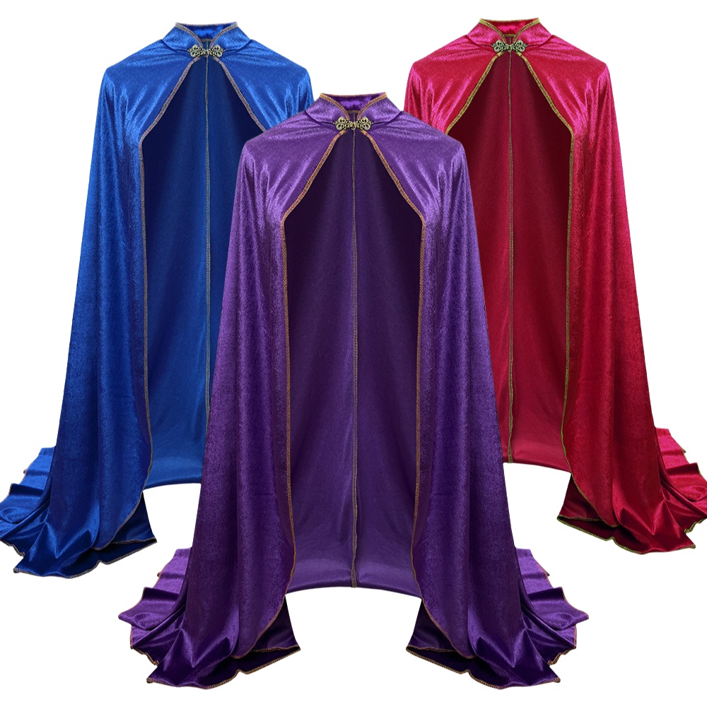 Robe de scène/cosplay unisexe en velours à col montant, style cape, multicolore, avec boucle métallique élégante et ourlet large