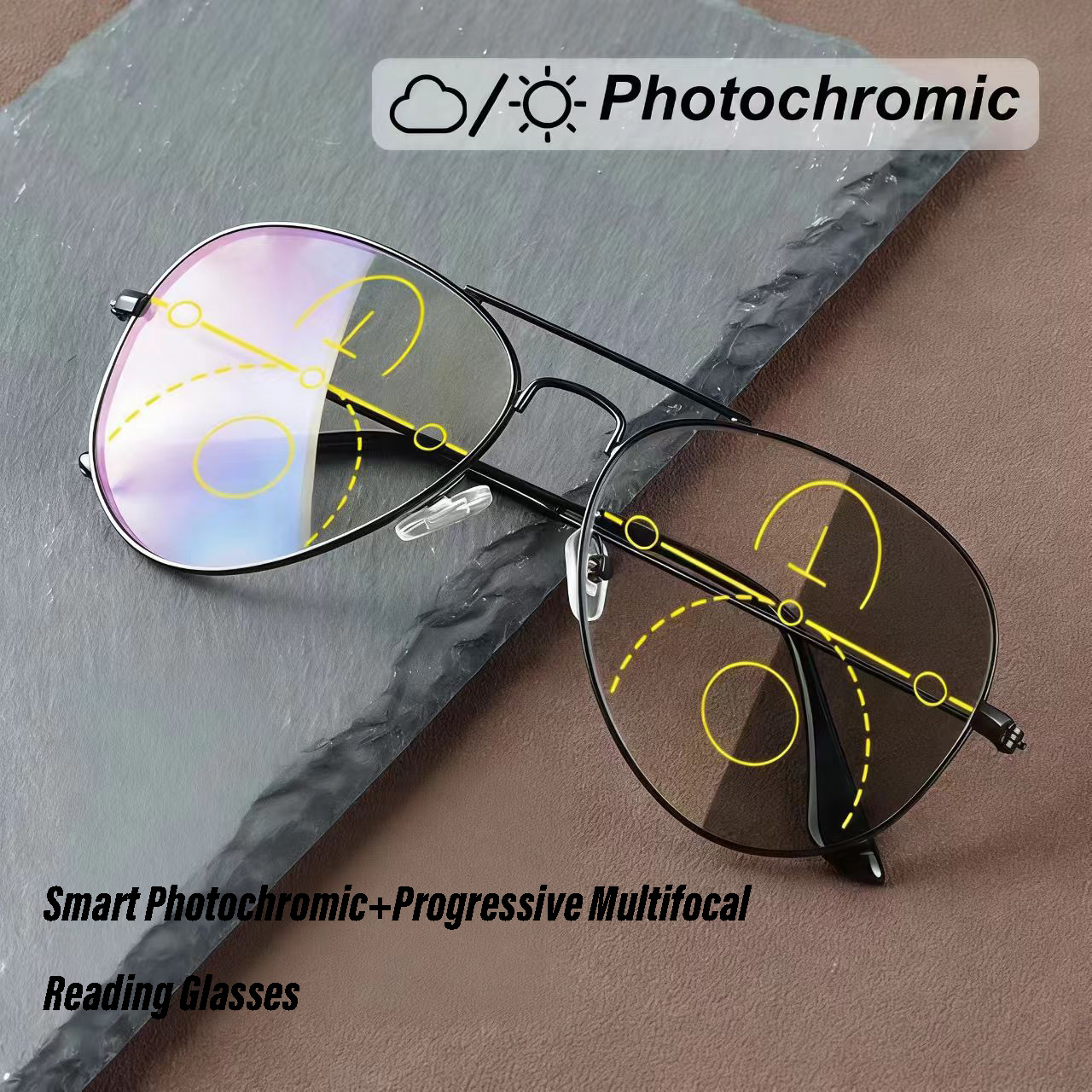 Lunettes de lecture multifocales photochromiques de style décontracté pour hommes, monture plaquée métal, verres anti-lumière bleue de qualité supérieure