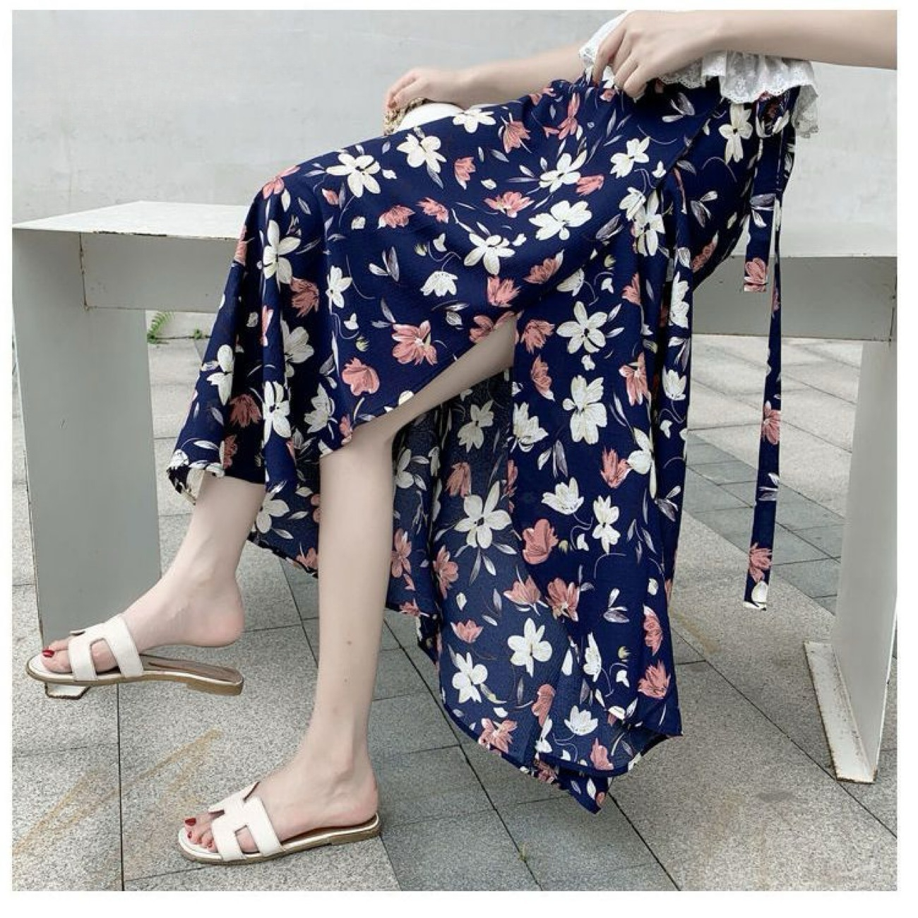 Jupe longue en mousseline de soie à imprimé floral pour femme, taille haute, avec fente, style portefeuille, à nouer sur le côté, pour la plage, été 2026