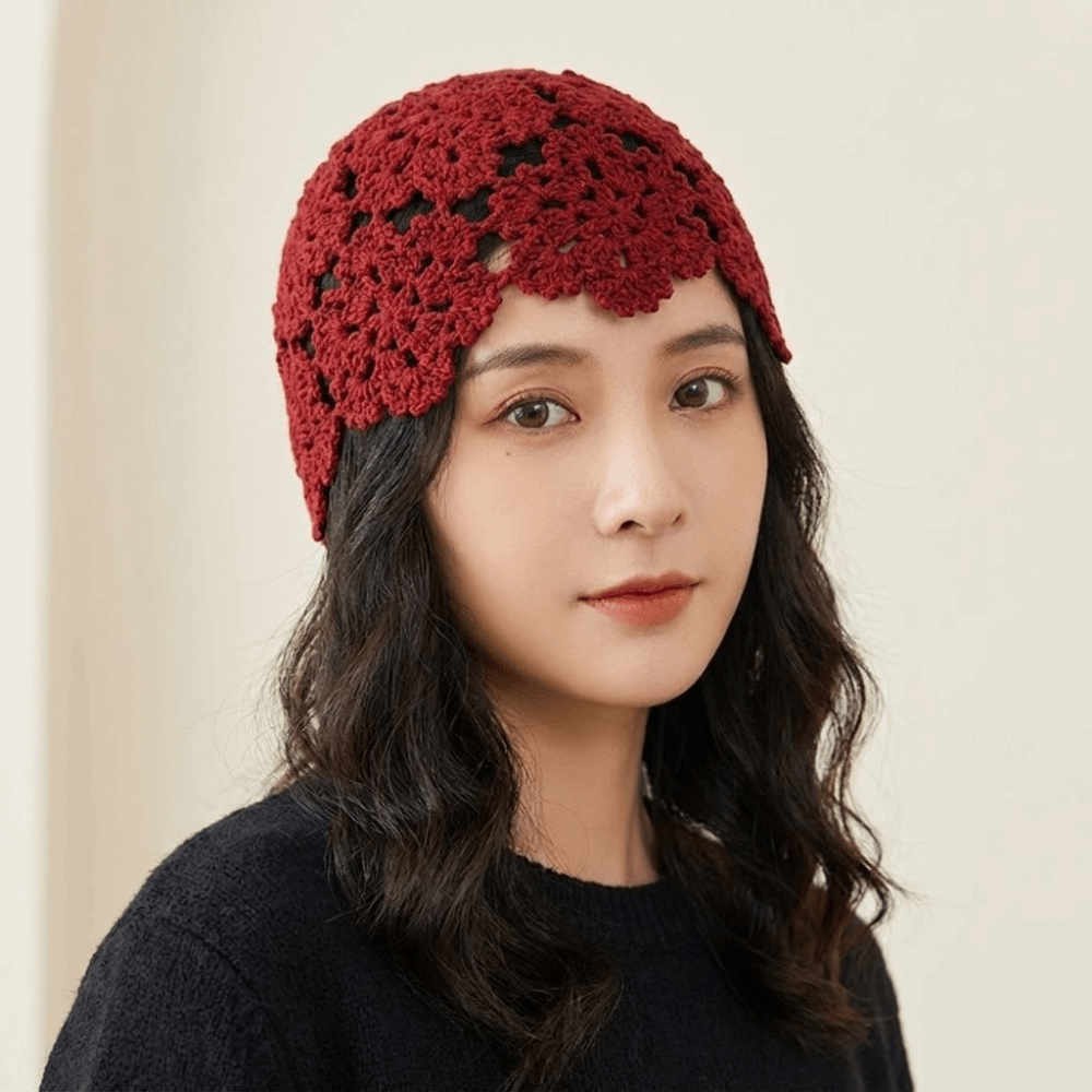 Bonnet en crochet style ethnique, couleur unie, fait main, ajouré, tricoté, respirant, pour filles