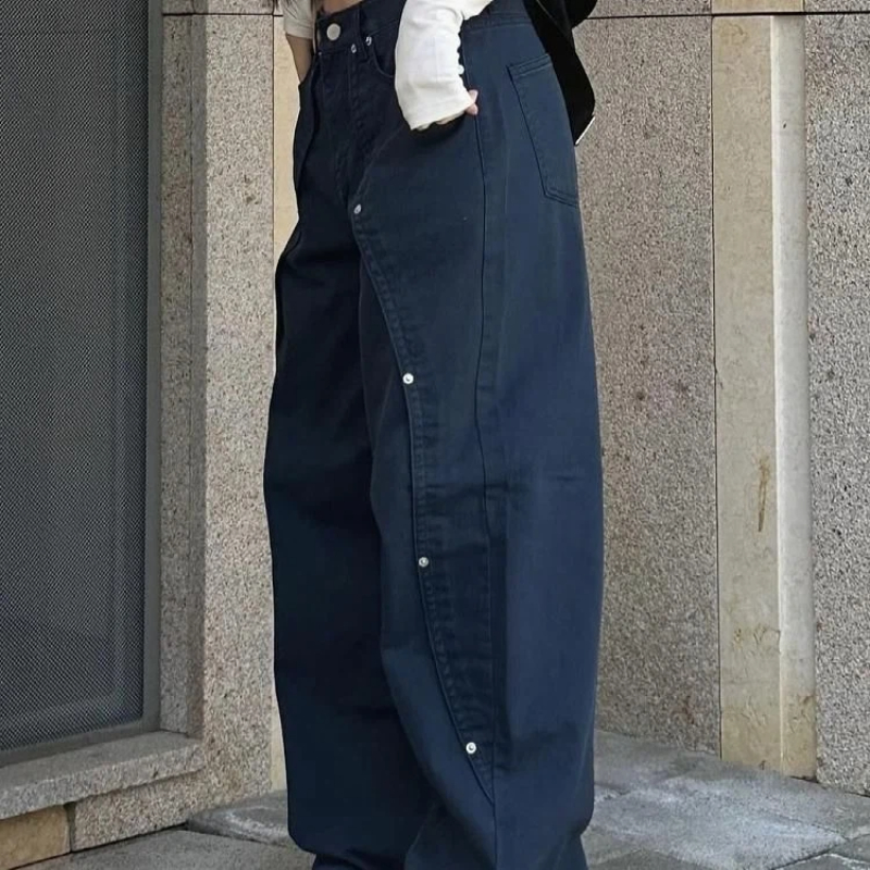 Jean pour femme Y2k, vêtements décontractés, coupe ample, pantalon à jambes larges, Style rétro américain Vintage avec rivets, Patchwork, Design fendu