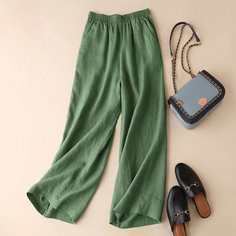 Mode pleine longueur pantalons décontractés pour femmes coton lin pantalon à jambes larges solide pantalon d'été femme ample taille haute pantalon droit