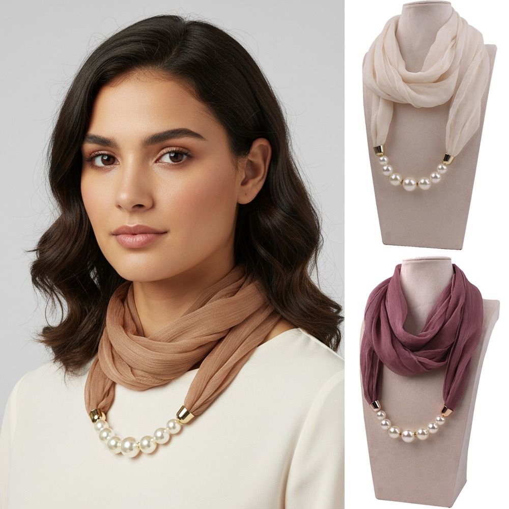 Écharpe en mousseline de soie avec chaîne de perles tendance, coupe-vent, protection solaire, pour femme