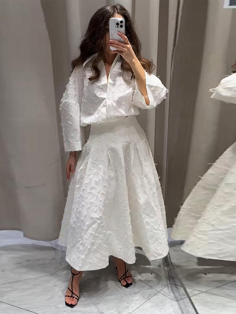 Ensemble chemise et jupe élégante pour femmes, T-shirt ample à manches longues et revers, taille haute, jupes longues plissées, costumes de rue, printemps 2026