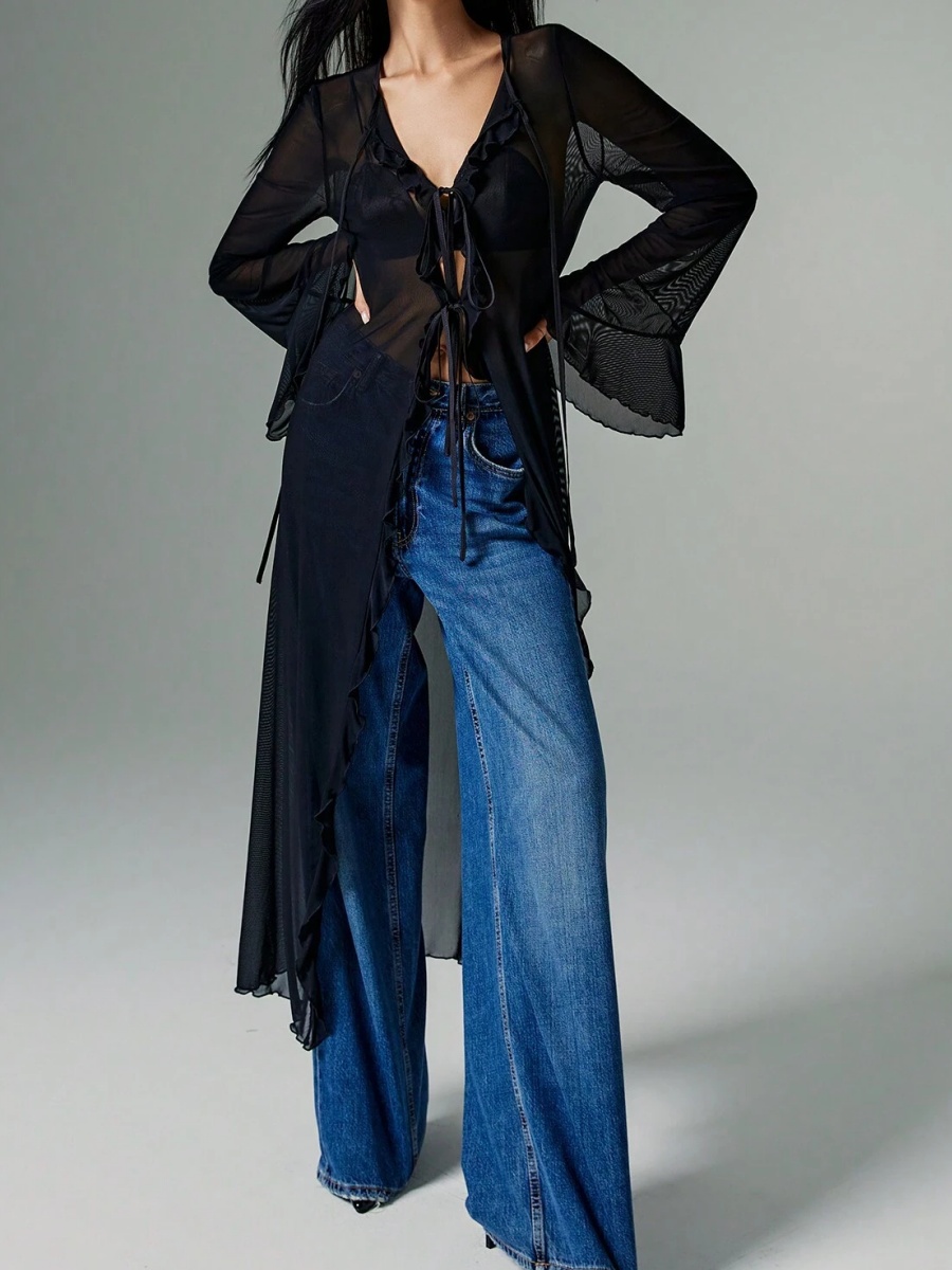 Kimono long en maille transparente pour femme, style hobo fluide avec volants, robe longue sexy à manches cloche, cache-maillot en mousseline à nouer sur le devant