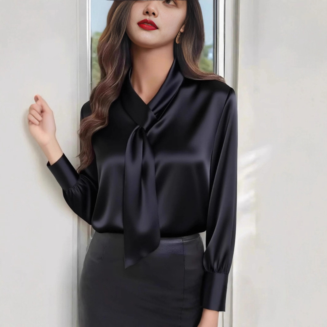 Chemise à manches longues en satin pour femmes, col à nouer, élégante, chemise de bureau pour le travail décontracté, les déplacements professionnels et le port quotidien