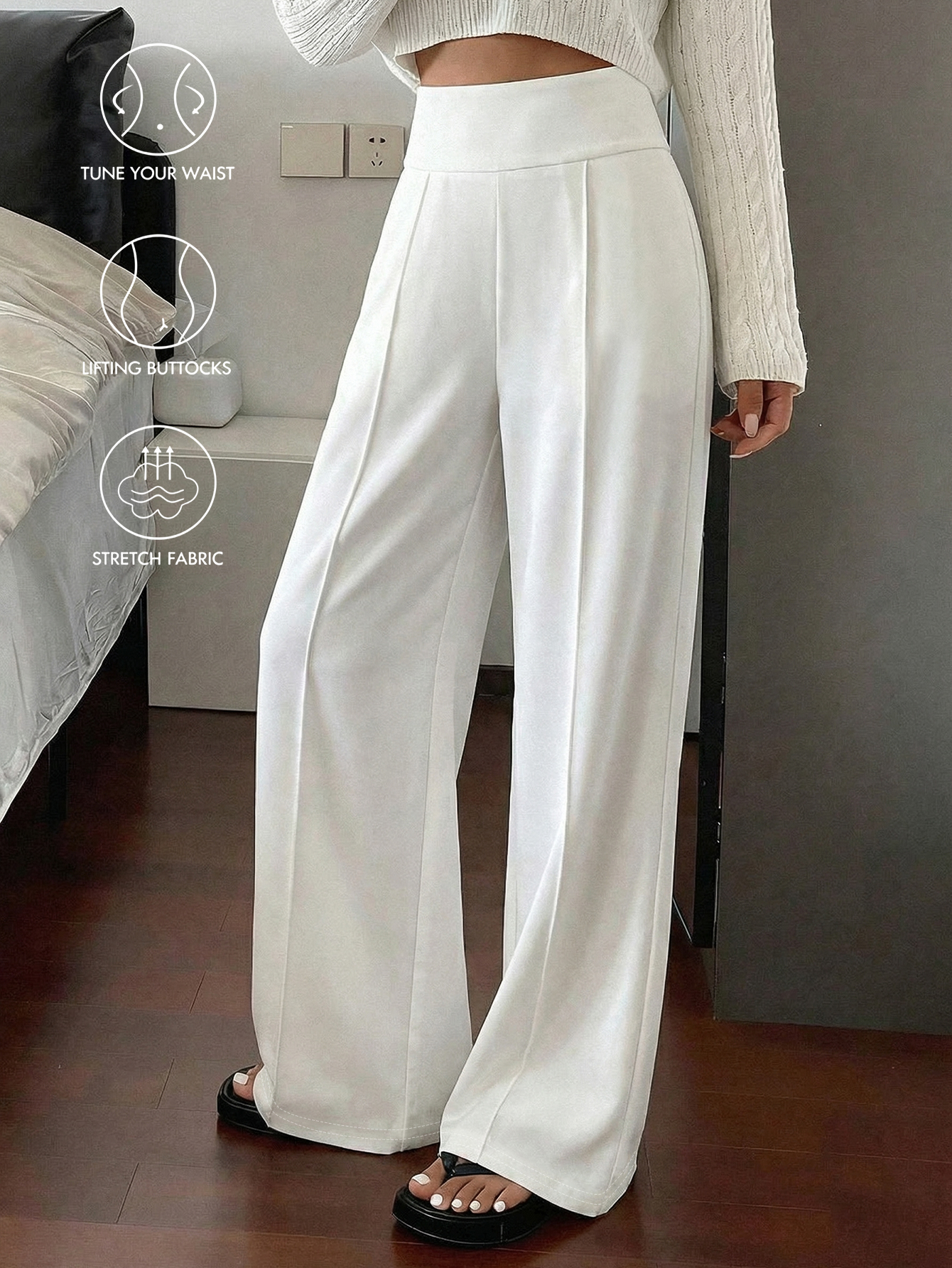 Pantalon ample à jambe droite pour femme, blanc minimaliste, décontracté, long, amincissant, style cargo avec rayures, taille standard, adapté