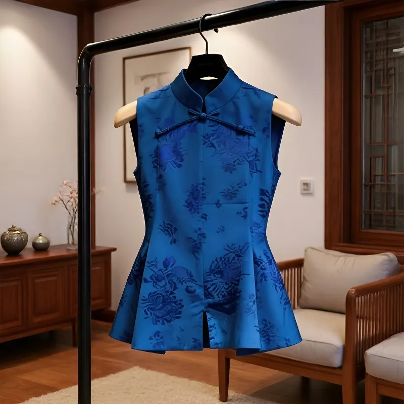 Chemisier élégant de style chinois pour femmes, avec motif floral, col mandarin, sans manches, coupe ajustée, vêtements d'été