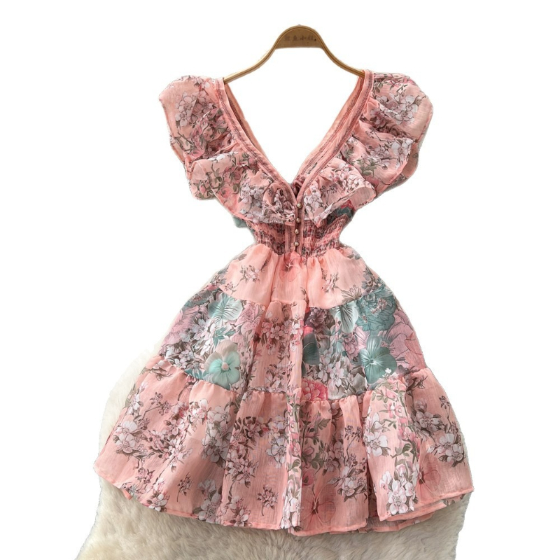 Robe Courte Femme Coupe Trapèze Y2K Streetwear Col V Sans Manches Imprimé Floral Élégante Volants Soirée Travail 2026