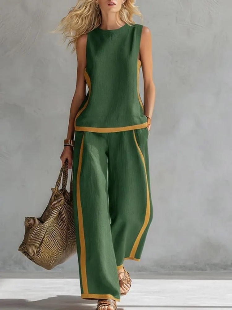 Ensemble deux pièces sans manches pour femme, pantalon large contrastant, col rond ample, poches, tenue de sport assortie pour le streetwear