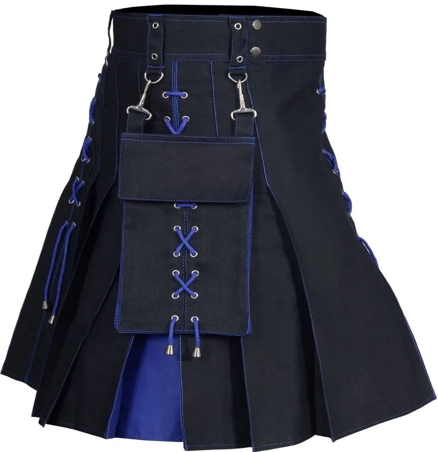 Kilt écossais traditionnel pour homme, plissé, avec sangles à boucles et poches cargo