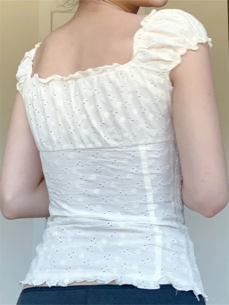 Chemisier à manches courtes pour femmes, col carré boutonné, hauts d'été rétro Kawaii Fairycore Y2K chemises féminines