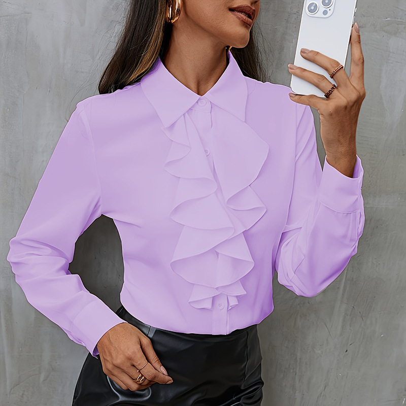 Chemisier Élégant pour Femme à Volants, Hauts Tendance à Manches Longues, Blouses Stylées pour le Travail (OL), Chemises Blanches Féminines, Blusas