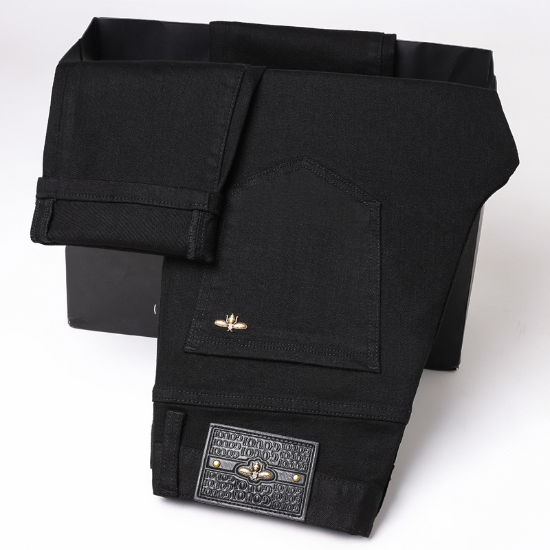 Jean noir pur pour hommes, pantalon long en denim simple, à la mode, de luxe léger, tendance, extensible, coupe slim, haut de gamme et polyvalent