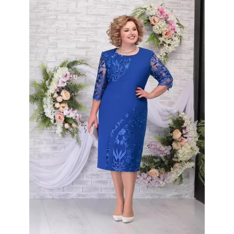 Robe de soirée brodée grande taille pour femme, col rond, manches sept-quarts, coupe ajustée, style cocktail