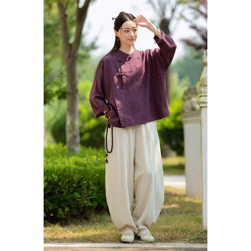 Ensemble de vêtements de Style chinois pour femmes, 2 pièces, en coton et lin, haut à manches longues, pantalon ample, rétro, patte diagonale, automne