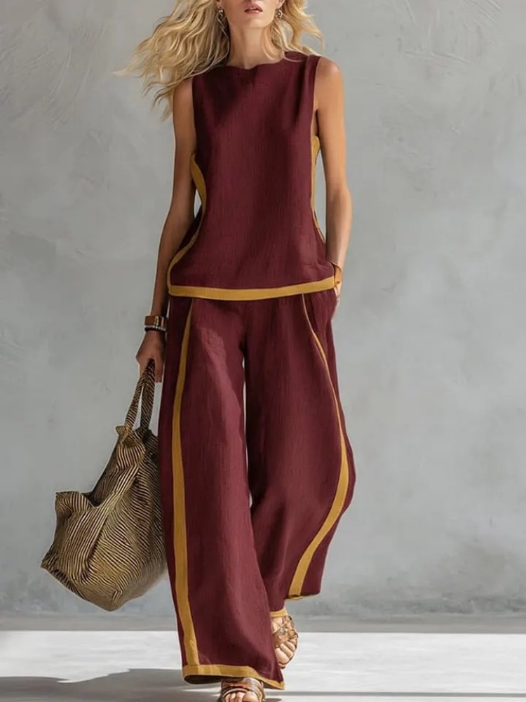 Ensemble deux pièces sans manches pour femme, pantalon large contrastant, col rond ample, poches, tenue de sport assortie pour le streetwear
