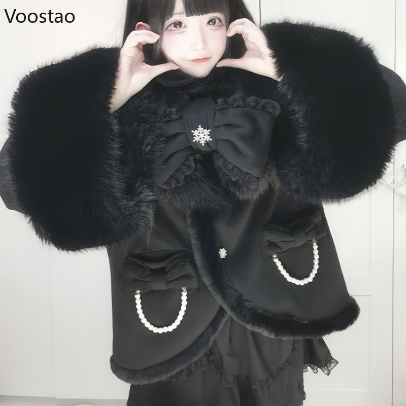 Automne hiver japonais Lolita Bow écharpe veste femmes gothique noir en peluche Patchwork laine châle pardessus femme Vintage manteau hauts
