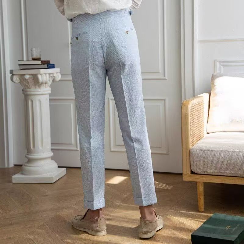 Mode hommes Style italien Naples costume pantalon rayures bleues Seersucker taille haute Paris boucle pantalon angleterre affaires décontracté Pa