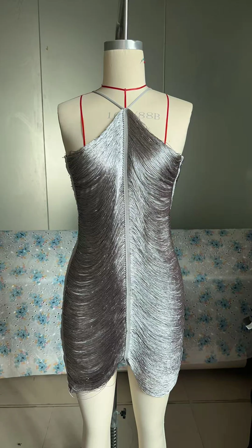 Frange col en v Mini robe licou robes femmes élégant découpé robe courte mode Patchwork asymétrique gland décor robes