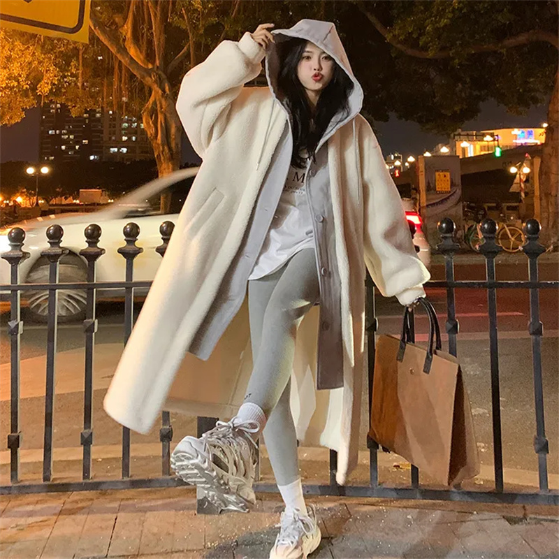 Manteau à capuche en laine d'agneau pour femmes, veste mi-longue, pardessus décontracté, mode coréenne, automne, hiver, nouveau