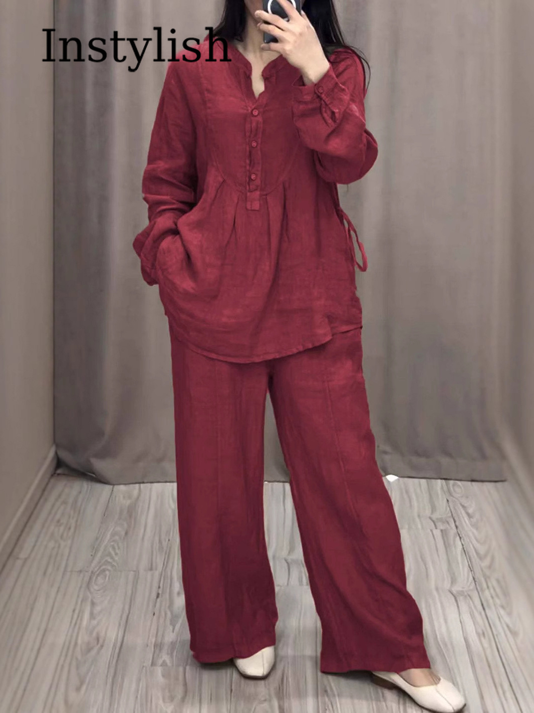 Ensemble 2 pièces en lin pour femme, chemisier à col en V et manches longues boutonnées, pantalon large, décontracté, uni noir, vêtements de détente, printemps automne