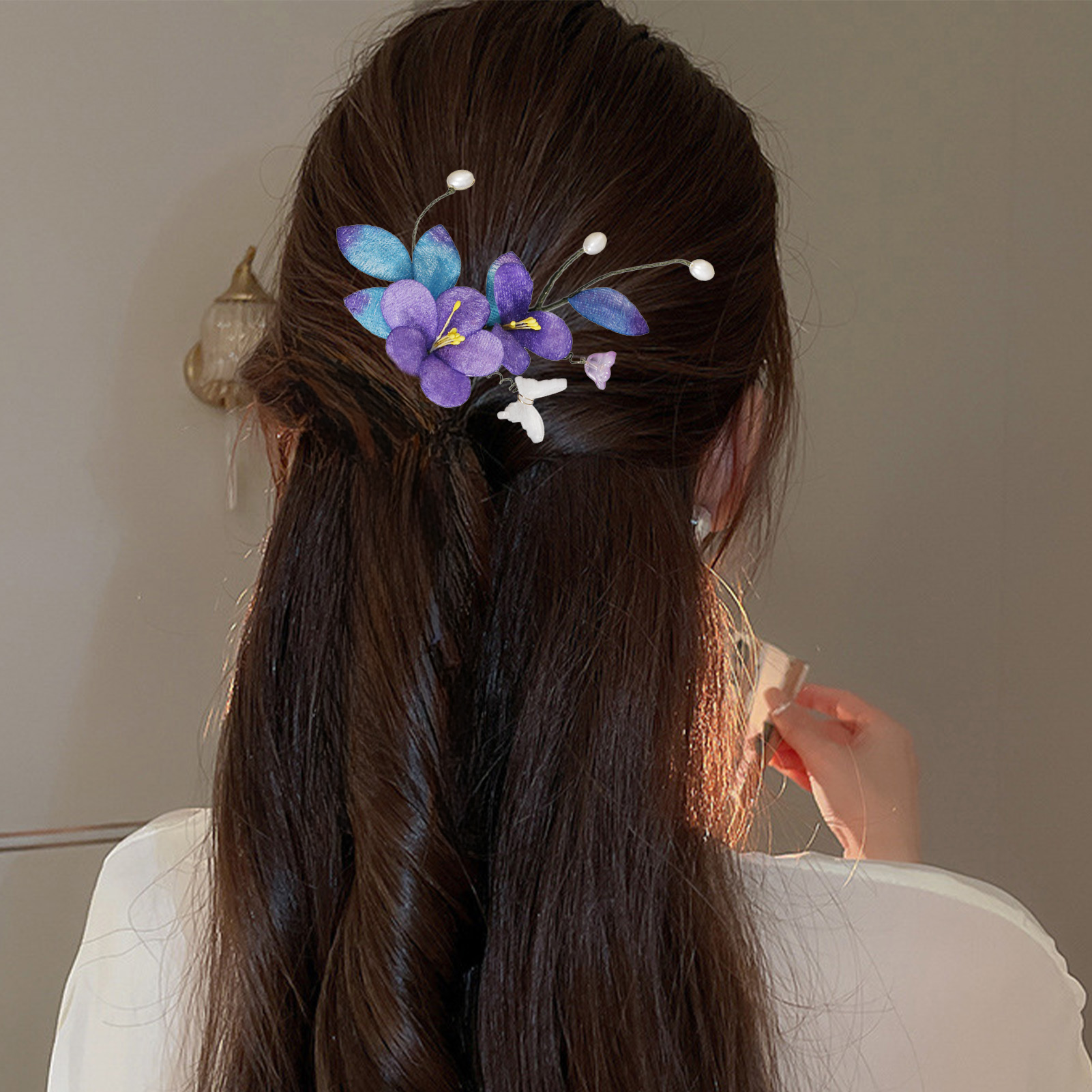 Épingle à cheveux en Faux velours violet, accessoires pour cheveux de Style ancien, artisanat en filigrane fait à la main pour la photographie de Cosplay Hanfu, 1/3 pièces
