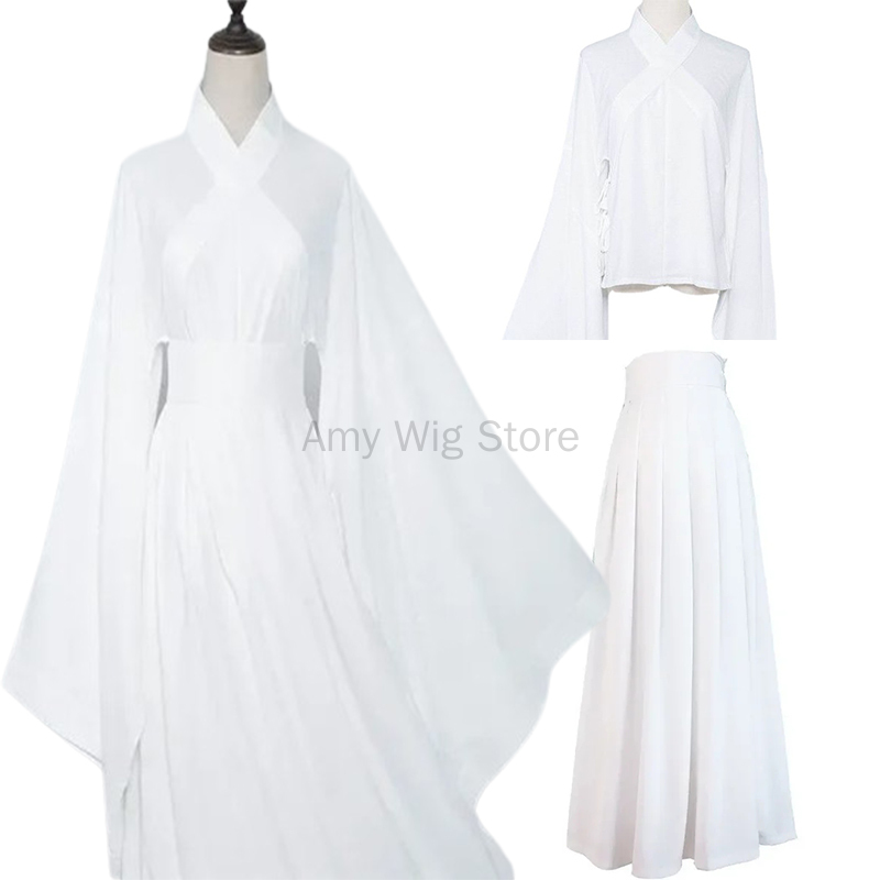 Costume traditionnel chinois Hanfu fluide pour femmes et hommes, hauts blancs et noirs, jupe, sous-vêtements, vêtements de spectacle sur scène