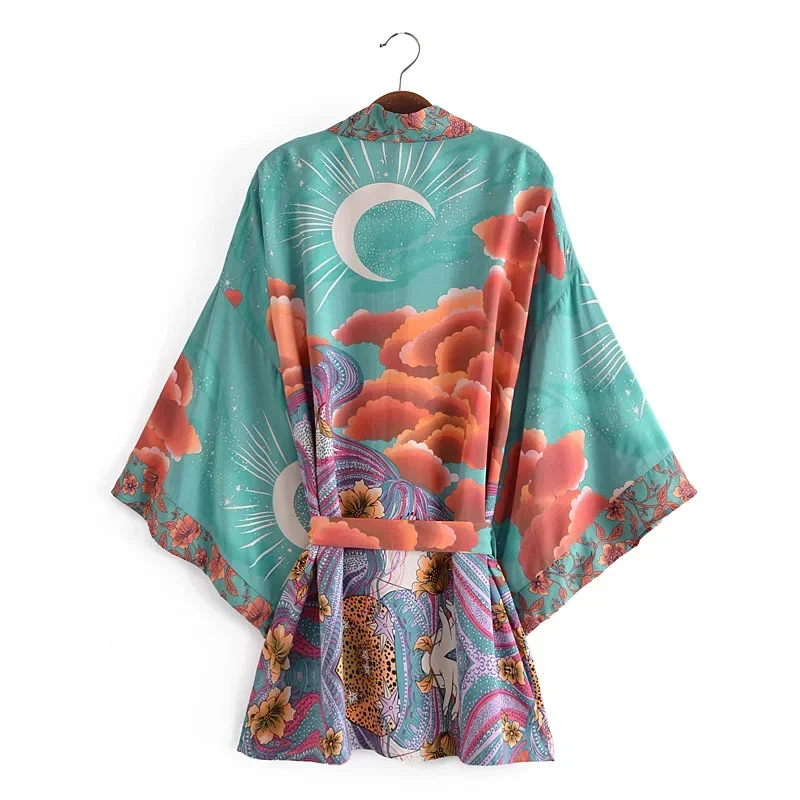 Boho Dinner ens-Robe Kimono pour Femme, Imprimé Floral, Manches Chauve-Souris, Plage, Bohème, Col en V, Rayonne, Coton, Robe Courte
