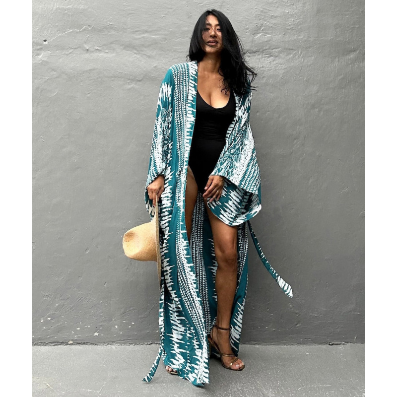 Cardigan Kimono imprimé teinture par nouage pour femmes, couverture de plage, robes portefeuille avec ceinture, costumes de bain pour vacances d'été