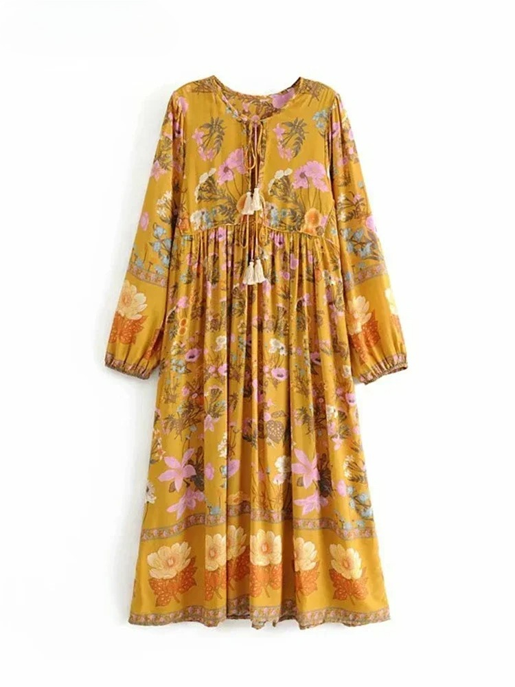 Robe bohème vintage chic pour femmes, imprimé floral, manches évasées, robes maxi pour dames, volants, robe en coton Boho, robe éducative, mode