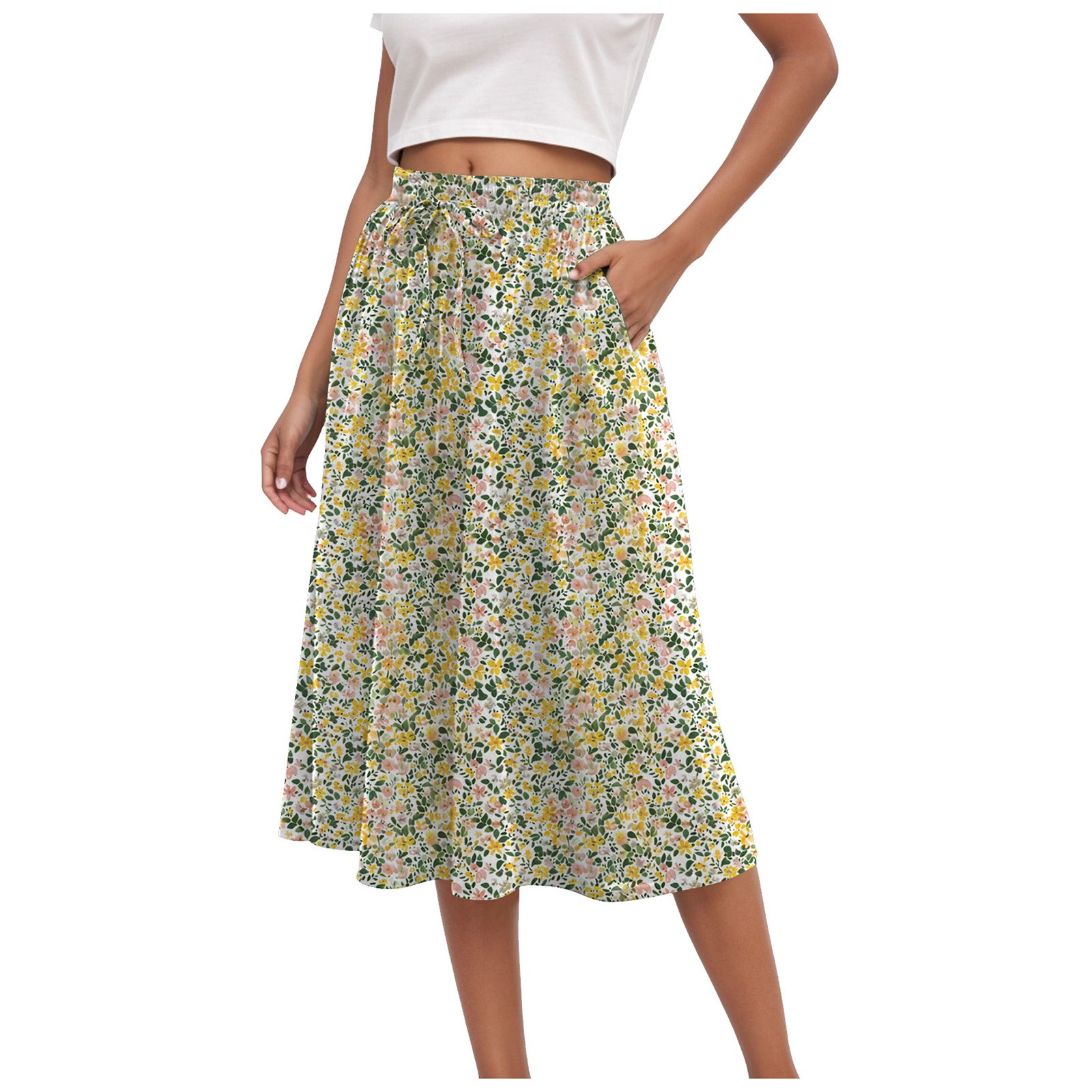 Jupe longue Maxi d'été pour femmes, Mini jupe plissée florale élégante, taille haute, ligne A sous le genou, jupes décontractées avec poches