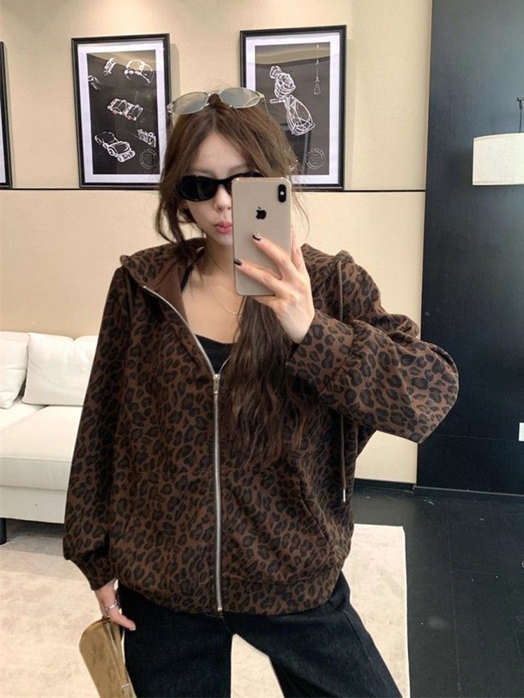 Sweat-shirt à capuche léopard pour femmes, Streetwear, ample, rétro, Harajuku, Hip Hop, automne, Vintage américain, manches longues, hauts, nouveau, Y2K