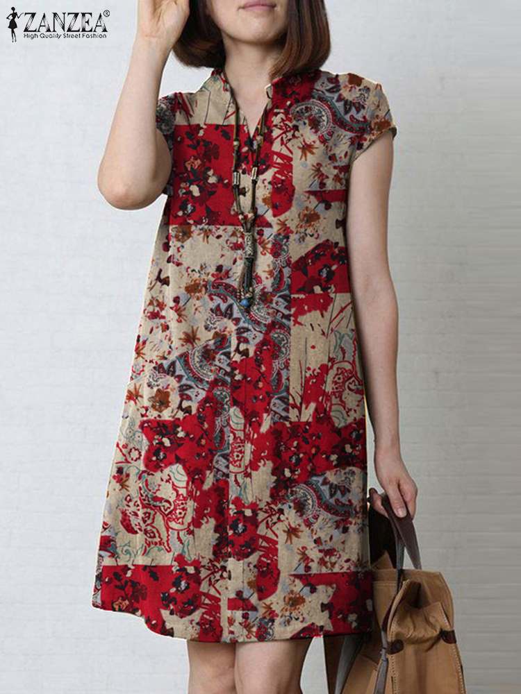 ZANZEA-Robe bohème à imprimé floral pour femme, longueur genou, manches courtes, robe d'été décontractée, vintage, vacances, caftan, été