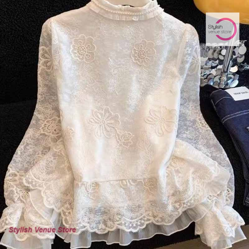 Chemise à manches longues en dentelle brodée style palais français, motif floral, nouvelle mode printemps-automne, élégante et décontractée pour femme