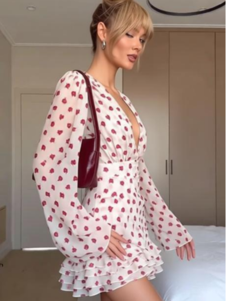 Robe Courte en Mousseline Imprimée Sexy à Volants pour Femme, Chic, Col en V Profond, Manches Longues Bouffantes, Taille Cintrée, Robe de Soirée et de Vacances 2026