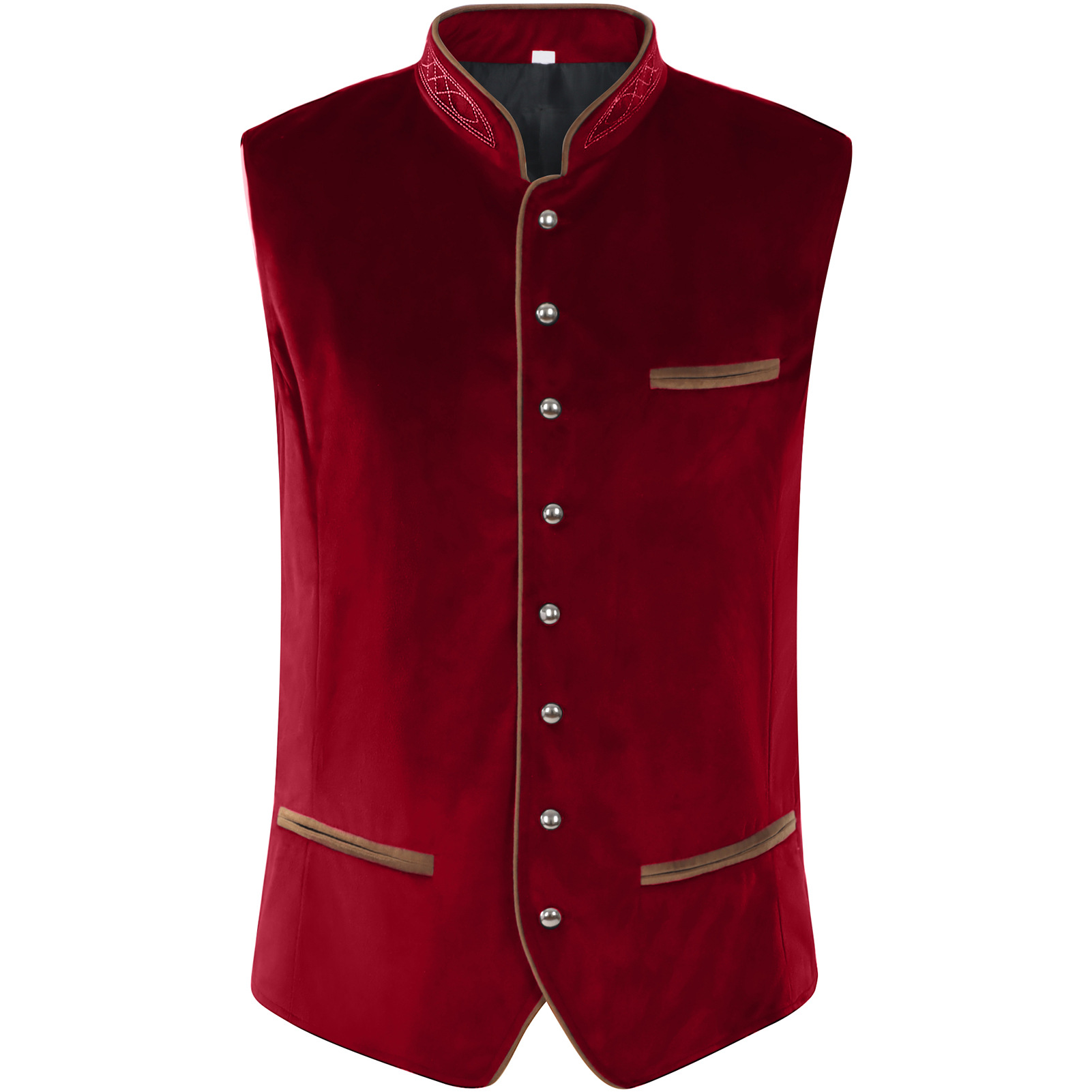 Gilet en velours noir pour homme, style rétro, col montant, simple boutonnage, avec broderie, sans manches, pour Halloween et cosplay