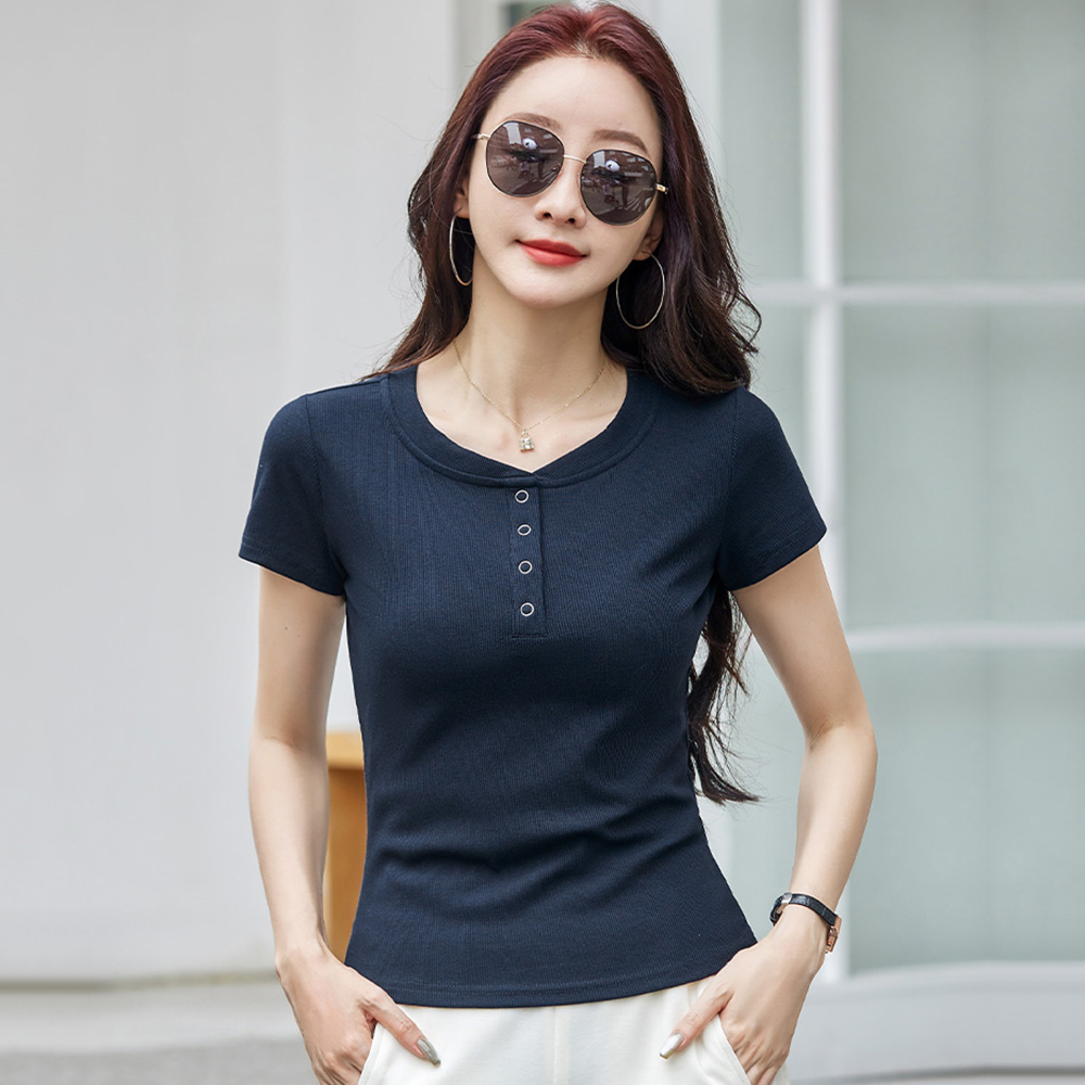 Nouveau Femmes T-shirt décontracté Été Mode Col rond Manches courtes Couleur unie T-shirts ajustés Simplicité Basique T-shirt court Femme
