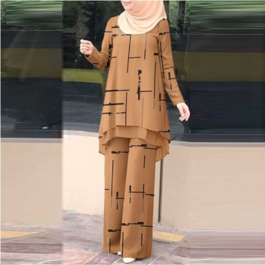 Ensemble 2 Pièces pour Femmes Musulmanes : Blouse et Pantalon Large Imprimé – Tenue de Ramadan, Maroc, Dubaï, Islam, Aïd 2026