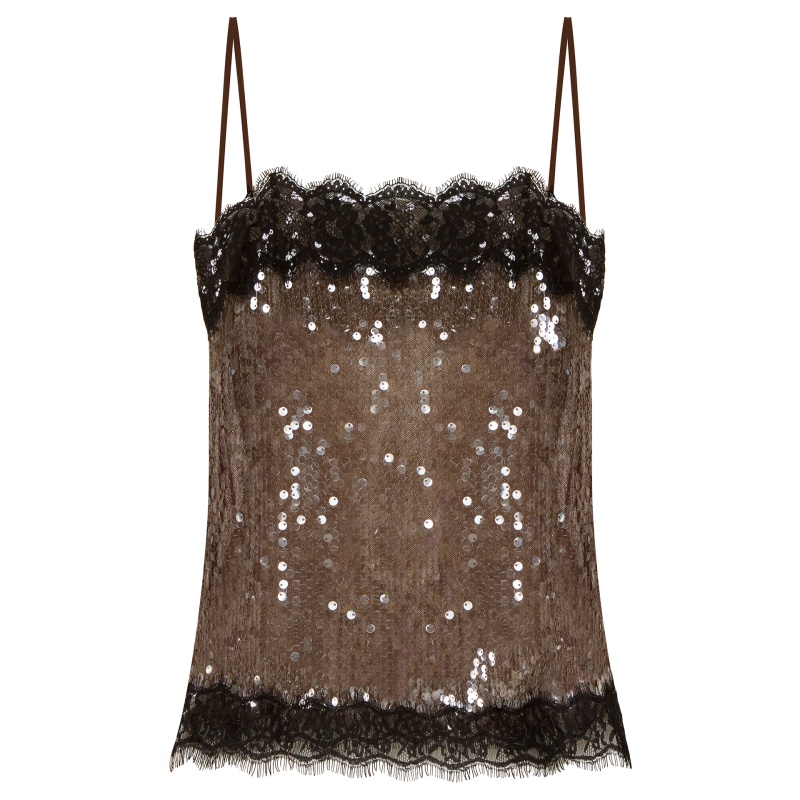 Débardeur scintillant pour femme à bretelles spaghetti, avec dentelle et sequins, ourlet festonné, style rave ﻿