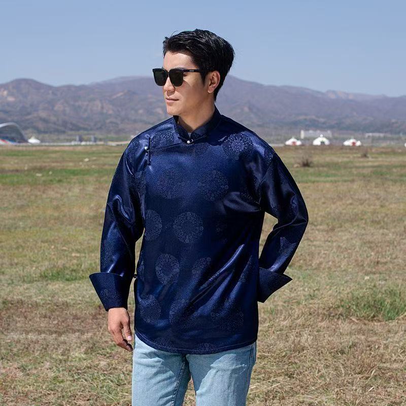 Vêtements pour hommes mongols classiques Style National Mongo prairie chemise à manches longues traditionnel culturel mâle quotidien hauts à la mode