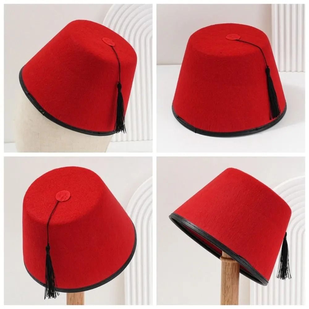 Chapeau Fez Traditionnel en Feutre Rond Rouge, Chapeau Marocain Respirant, Tarboosh Fez Universel