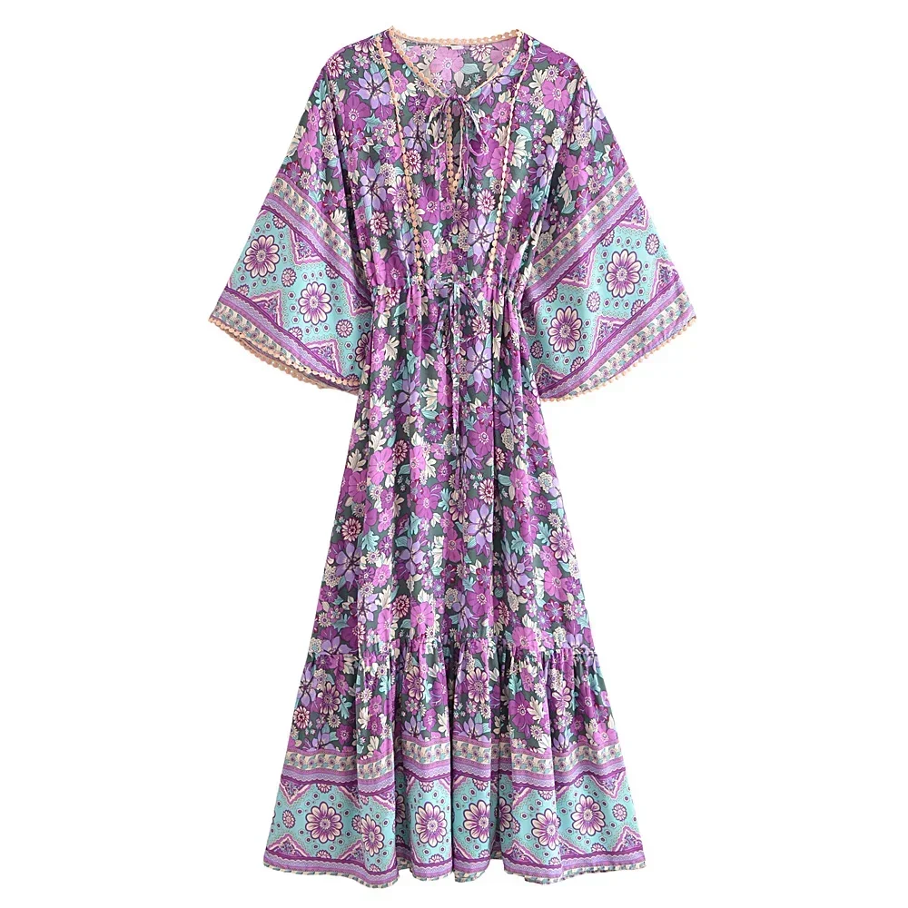 Robe maxi bohème à manches chauve-souris pour femmes, imprimé floral noir, robe de plage pour dames, robe éducative, dîner Boho, mode d'été