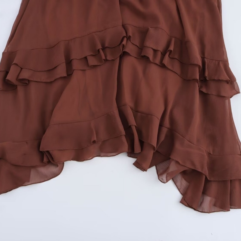Robe longue en mousseline marron à manches bouffantes pour femme, avec ceinture et ourlet à volants, idéale pour le quotidien, le campus ou le bureau
