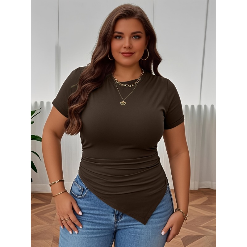 Grande taille nouveaux vêtements pour femmes Ins Style minimaliste col rond T-shirt coupe ajustée tempérament dessus de couleur unie Blouses femme