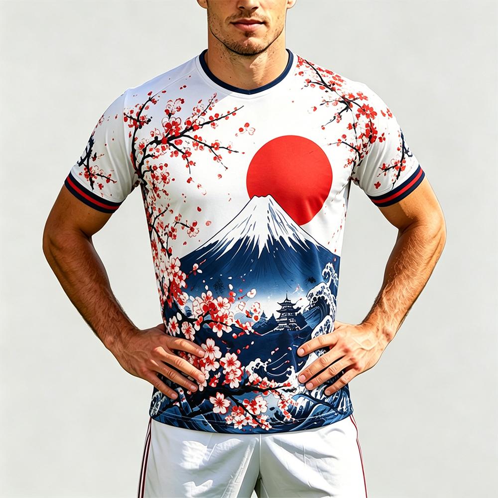 Nouveau maillot de football imprimé style japonais, respirant et à séchage rapide, motif fleur de cerisier, t-shirt unisexe décontracté pour l'été