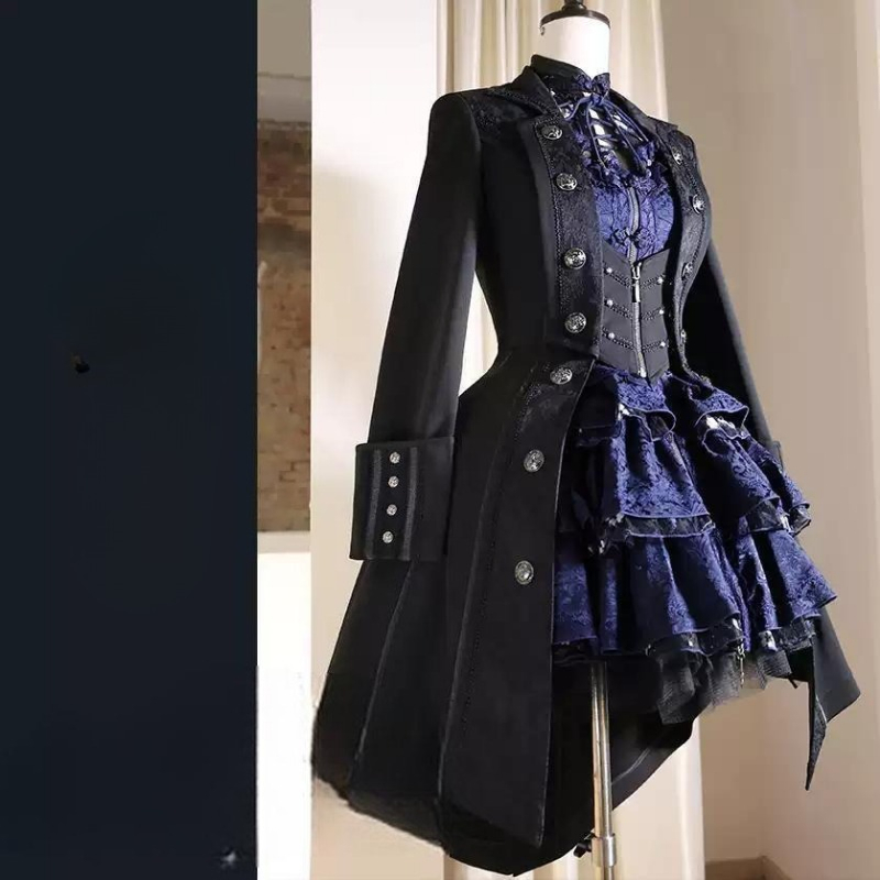 Manteau long Batwing original, style rétro noir gothique Lolita, vestes tendance à manches longues avec boutons, vêtements stylés