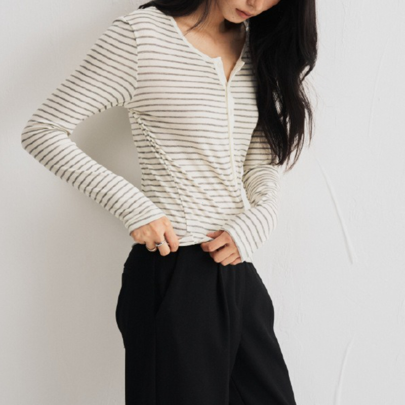 Chemise basique en laine de soie pour femmes, tricot Slim à col rond et boutons, haut à manches longues rayé de couleur unie, automne hiver