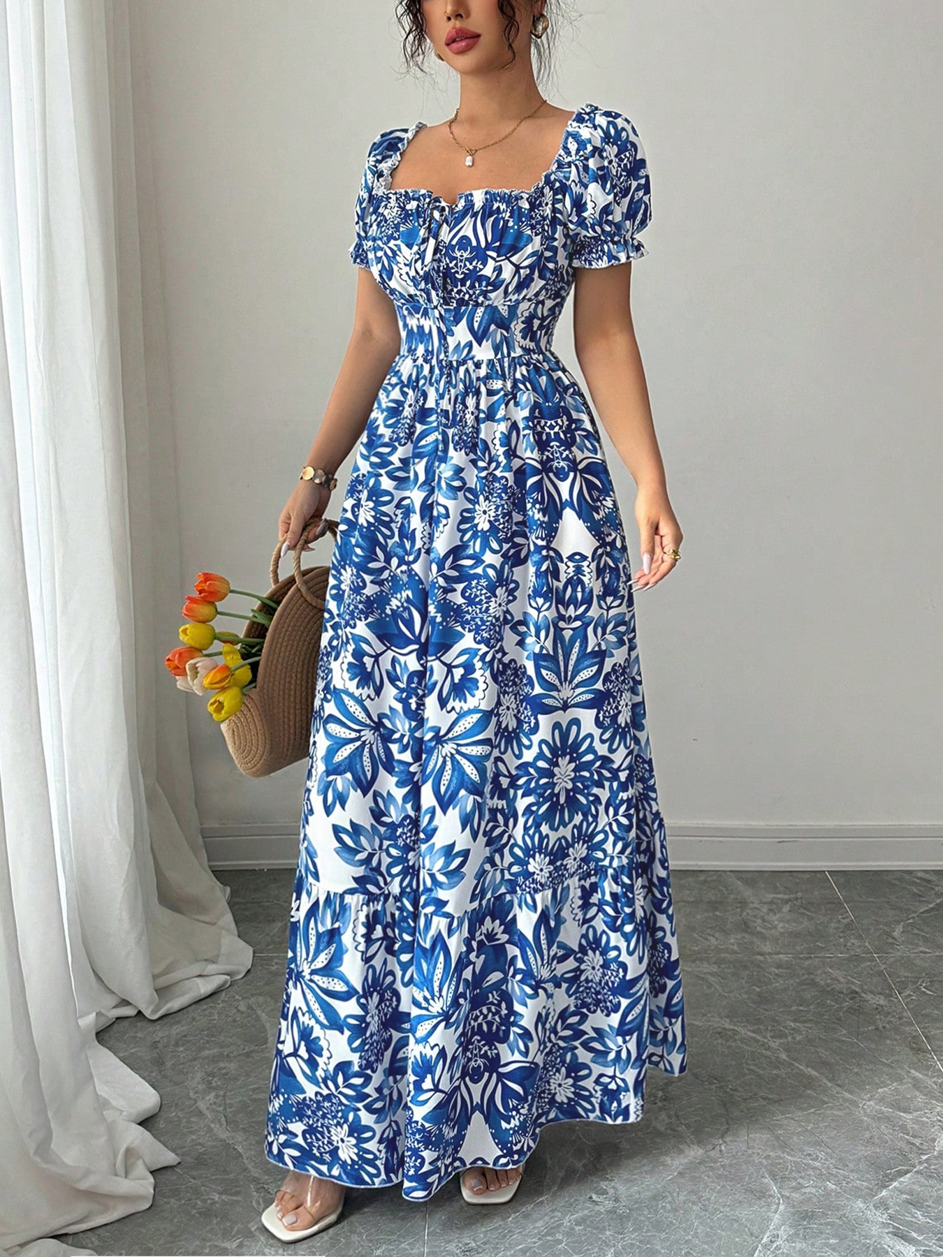 Robes décontractées pour femmes, robe à manches bouffantes à imprimé floral, robe à nouer devant, robe bohème, robe de vacances, robe de plage, robe de pique-nique, robe de soirée, robe d'été