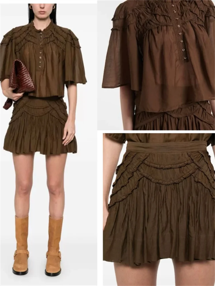 Chemise à manches courtes pour femmes françaises, bordure effilochée, boutons plissés, pull-over, haut ou mini-jupe taille haute en forme de A pour femme